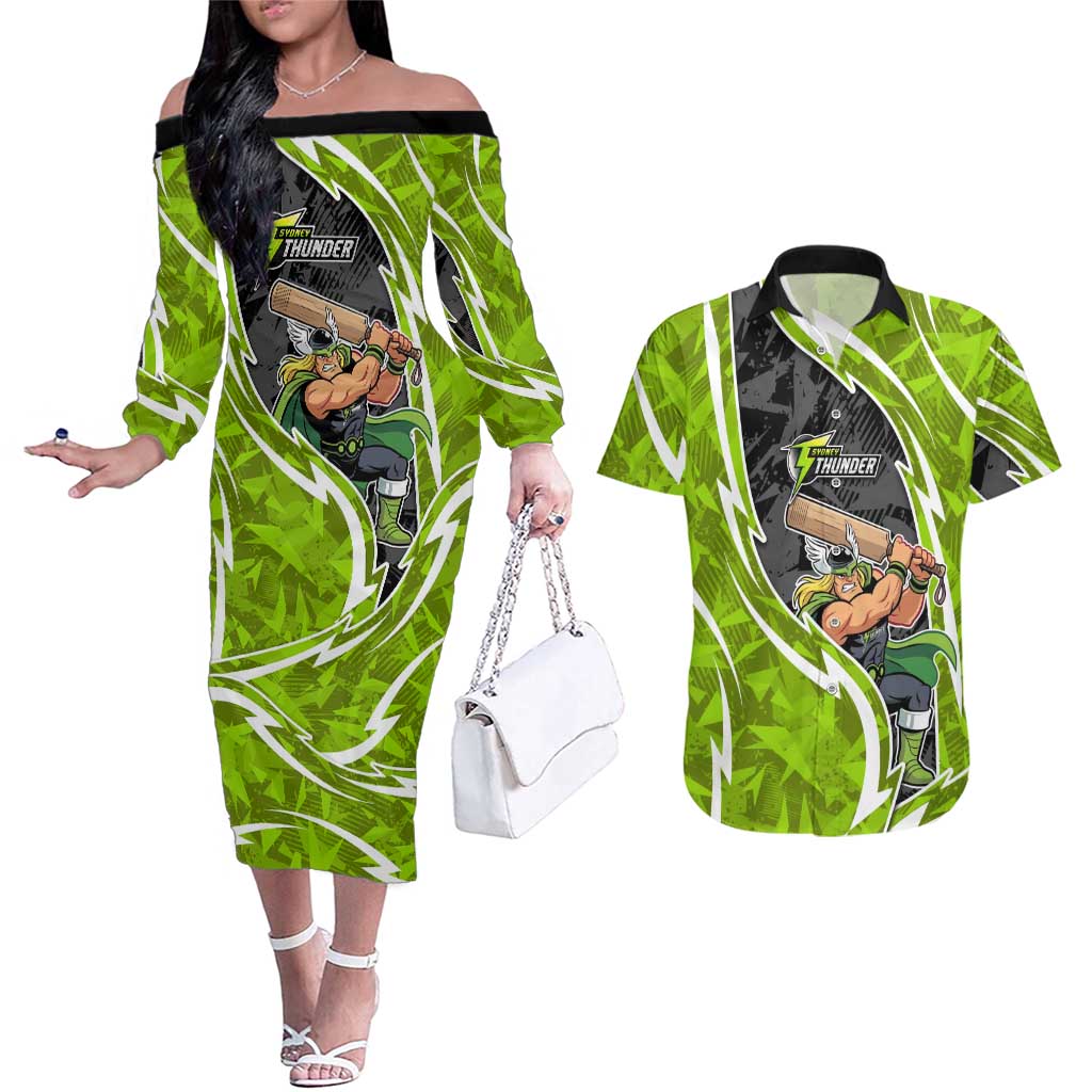 Sydney Thunder Couples Matching Off The Shoulder Long Sleeve Dress and Hawaiian Shirt Flaming Lightning Storm Geometric Sports Mascot Art