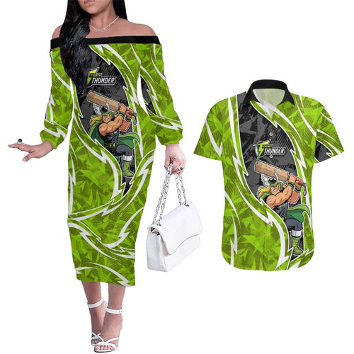 Sydney Thunder Couples Matching Off The Shoulder Long Sleeve Dress and Hawaiian Shirt Flaming Lightning Storm Geometric Sports Mascot Art