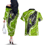 Sydney Thunder Couples Matching Off The Shoulder Long Sleeve Dress and Hawaiian Shirt Flaming Lightning Storm Geometric Sports Mascot Art
