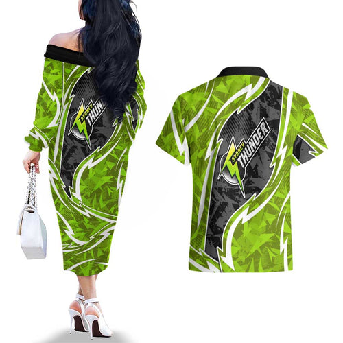 Sydney Thunder Couples Matching Off The Shoulder Long Sleeve Dress and Hawaiian Shirt Flaming Lightning Storm Geometric Sports Mascot Art