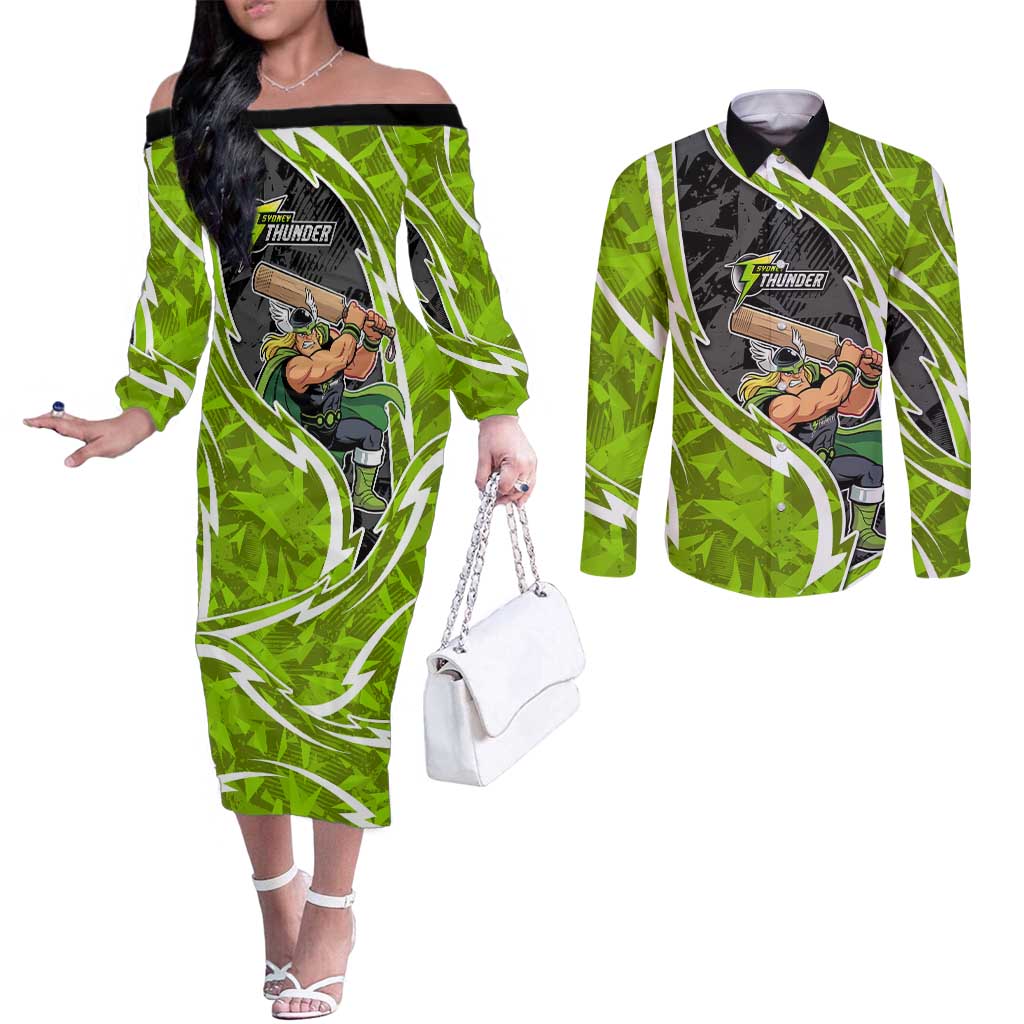 Sydney Thunder Couples Matching Off The Shoulder Long Sleeve Dress and Long Sleeve Button Shirt Flaming Lightning Storm Geometric Sports Mascot Art