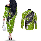 Sydney Thunder Couples Matching Off The Shoulder Long Sleeve Dress and Long Sleeve Button Shirt Flaming Lightning Storm Geometric Sports Mascot Art