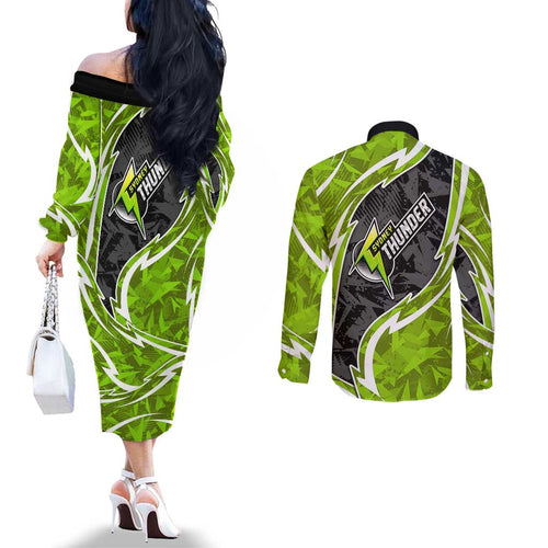Sydney Thunder Couples Matching Off The Shoulder Long Sleeve Dress and Long Sleeve Button Shirt Flaming Lightning Storm Geometric Sports Mascot Art