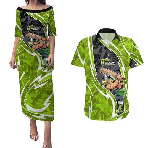 Sydney Thunder Couples Matching Puletasi and Hawaiian Shirt Flaming Lightning Storm Geometric Sports Mascot Art