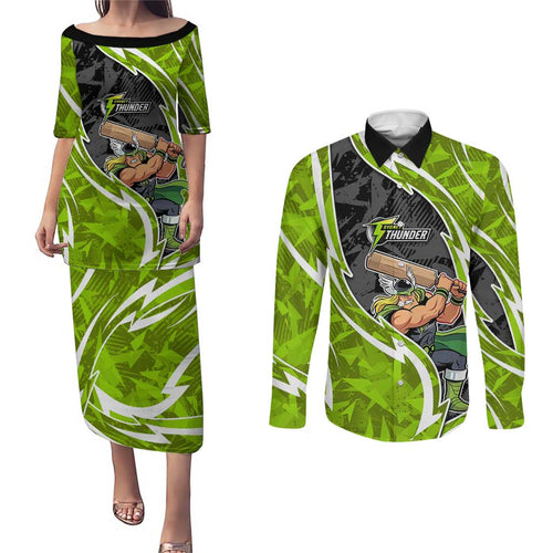 Sydney Thunder Couples Matching Puletasi and Long Sleeve Button Shirt Flaming Lightning Storm Geometric Sports Mascot Art