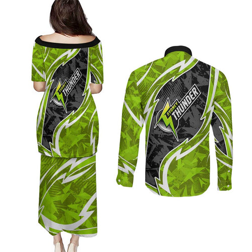 Sydney Thunder Couples Matching Puletasi and Long Sleeve Button Shirt Flaming Lightning Storm Geometric Sports Mascot Art