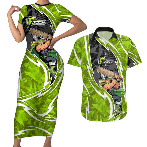 Sydney Thunder Couples Matching Short Sleeve Bodycon Dress and Hawaiian Shirt Flaming Lightning Storm Geometric Sports Mascot Art