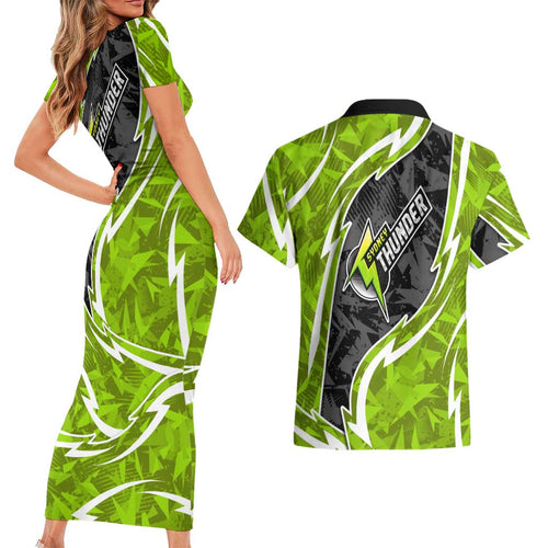 Sydney Thunder Couples Matching Short Sleeve Bodycon Dress and Hawaiian Shirt Flaming Lightning Storm Geometric Sports Mascot Art