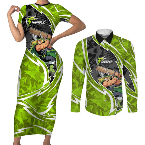 Sydney Thunder Couples Matching Short Sleeve Bodycon Dress and Long Sleeve Button Shirt Flaming Lightning Storm Geometric Sports Mascot Art