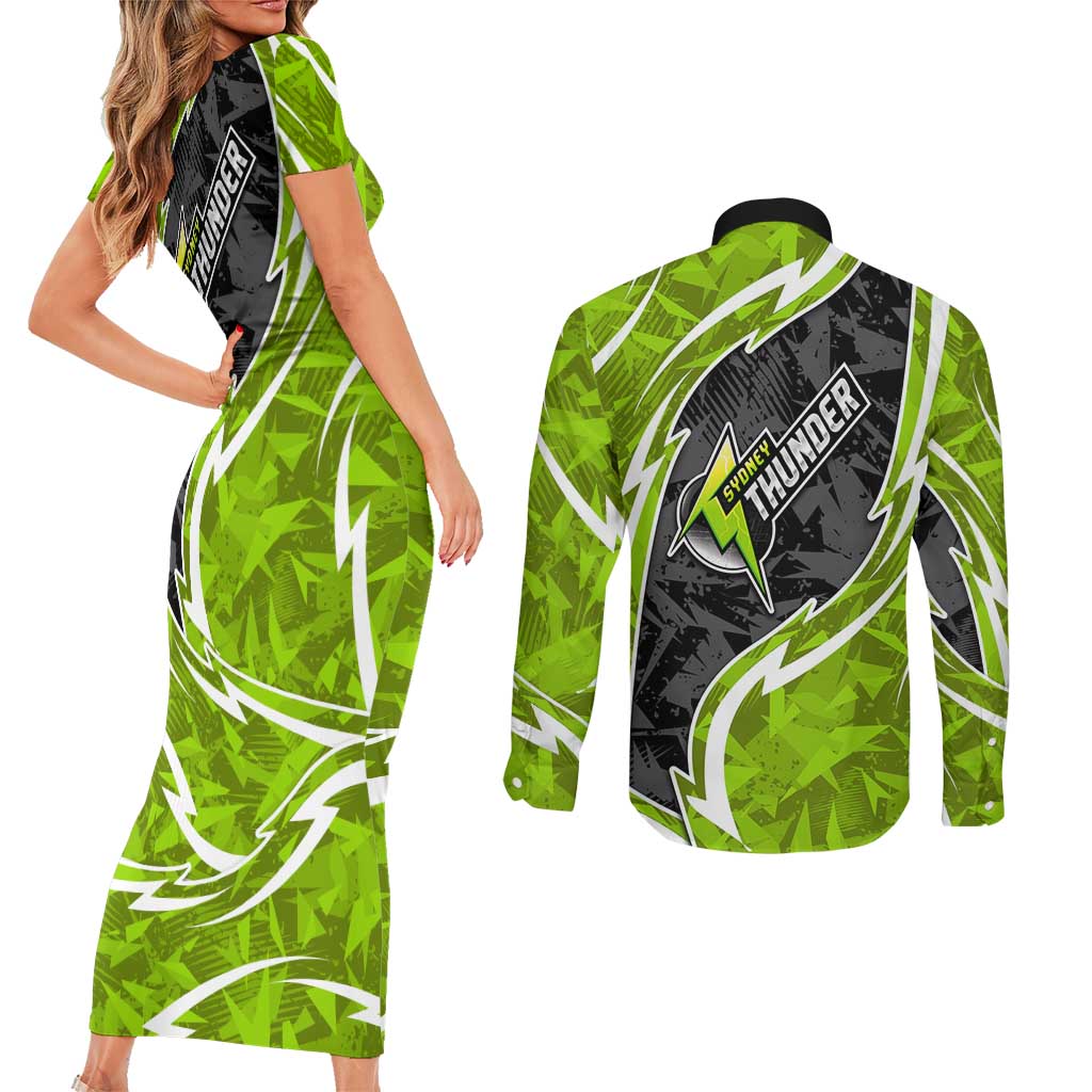 Sydney Thunder Couples Matching Short Sleeve Bodycon Dress and Long Sleeve Button Shirt Flaming Lightning Storm Geometric Sports Mascot Art