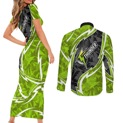 Sydney Thunder Couples Matching Short Sleeve Bodycon Dress and Long Sleeve Button Shirt Flaming Lightning Storm Geometric Sports Mascot Art