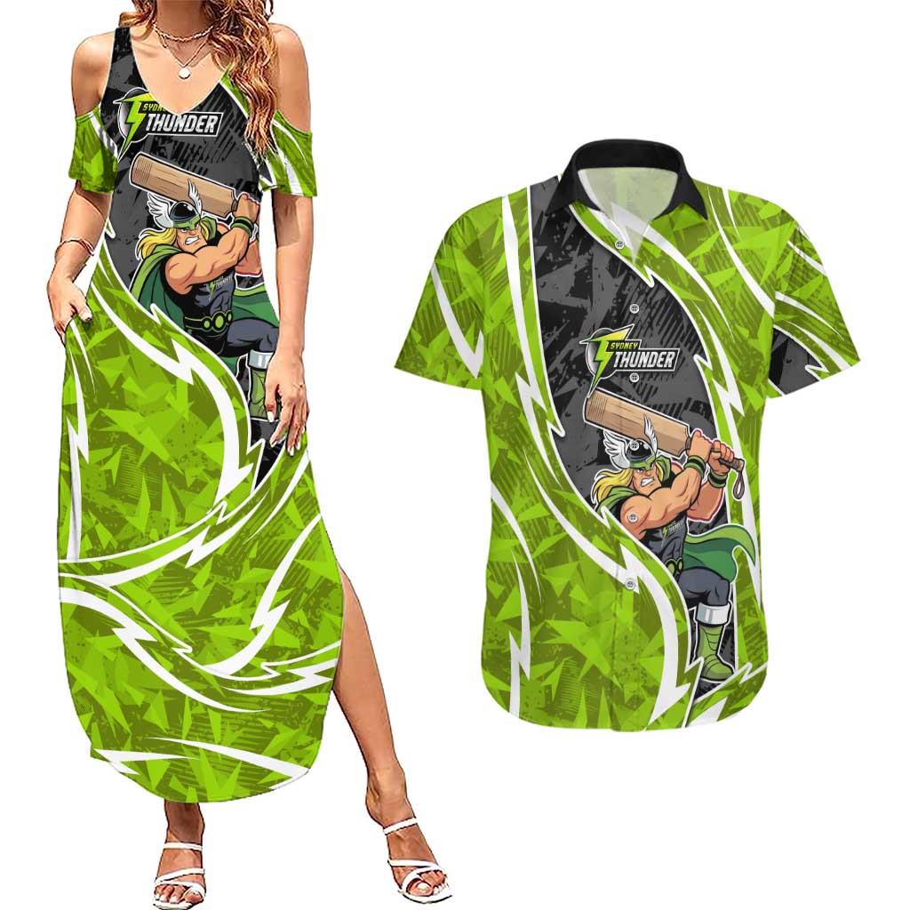 Sydney Thunder Couples Matching Summer Maxi Dress and Hawaiian Shirt Flaming Lightning Storm Geometric Sports Mascot Art