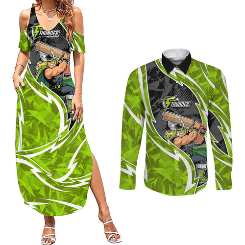 Sydney Thunder Couples Matching Summer Maxi Dress and Long Sleeve Button Shirt Flaming Lightning Storm Geometric Sports Mascot Art