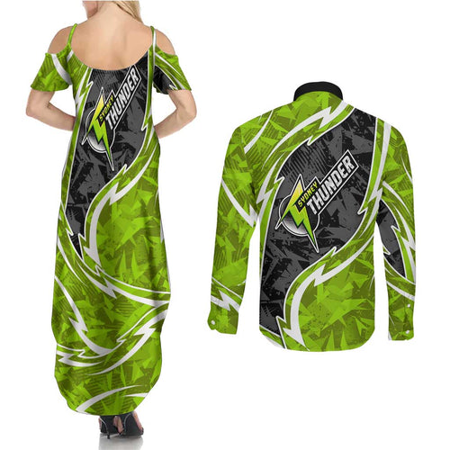 Sydney Thunder Couples Matching Summer Maxi Dress and Long Sleeve Button Shirt Flaming Lightning Storm Geometric Sports Mascot Art