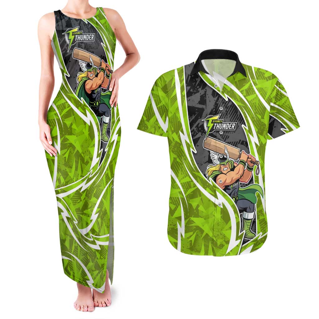 Sydney Thunder Couples Matching Tank Maxi Dress and Hawaiian Shirt Flaming Lightning Storm Geometric Sports Mascot Art