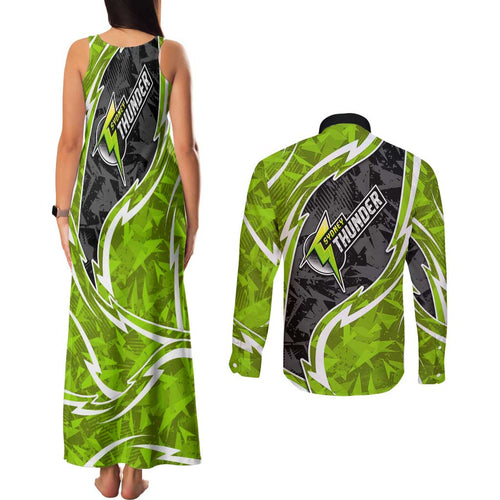 Sydney Thunder Couples Matching Tank Maxi Dress and Long Sleeve Button Shirt Flaming Lightning Storm Geometric Sports Mascot Art