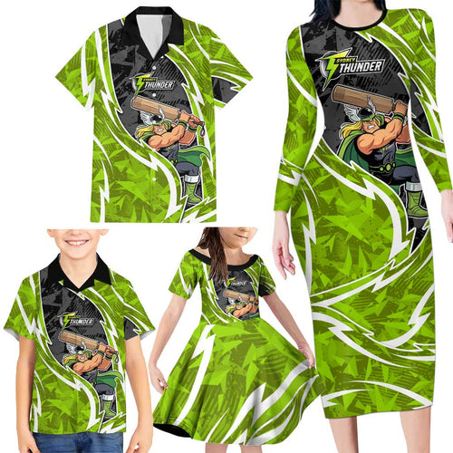Sydney Thunder Family Matching Long Sleeve Bodycon Dress and Hawaiian Shirt Flaming Lightning Storm Geometric Sports Mascot Art