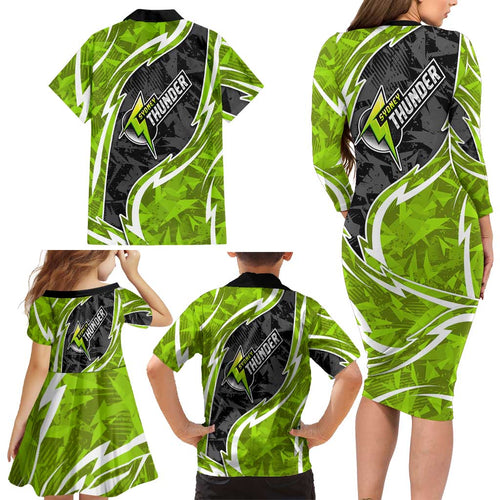 Sydney Thunder Family Matching Long Sleeve Bodycon Dress and Hawaiian Shirt Flaming Lightning Storm Geometric Sports Mascot Art