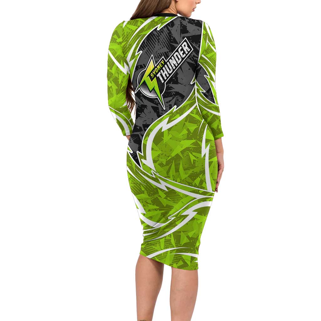 Sydney Thunder Family Matching Long Sleeve Bodycon Dress and Hawaiian Shirt Flaming Lightning Storm Geometric Sports Mascot Art