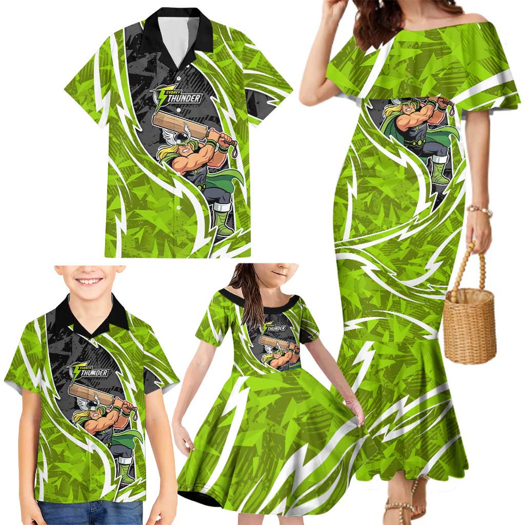 Sydney Thunder Family Matching Mermaid Dress and Hawaiian Shirt Flaming Lightning Storm Geometric Sports Mascot Art