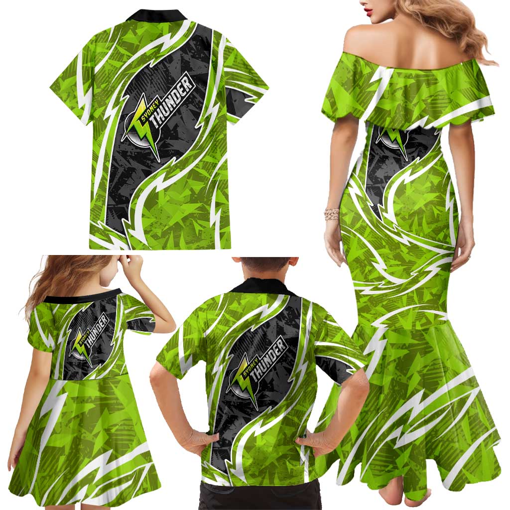 Sydney Thunder Family Matching Mermaid Dress and Hawaiian Shirt Flaming Lightning Storm Geometric Sports Mascot Art