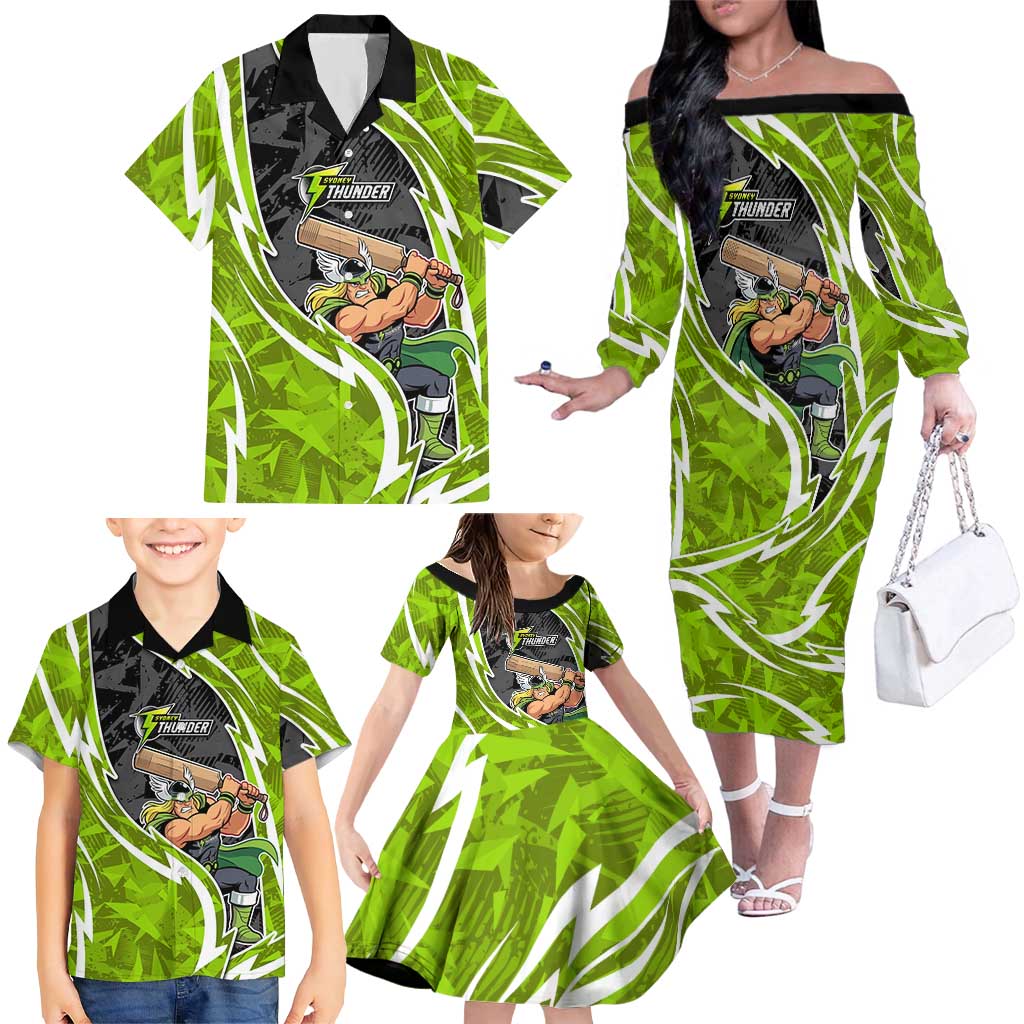 Sydney Thunder Family Matching Off The Shoulder Long Sleeve Dress and Hawaiian Shirt Flaming Lightning Storm Geometric Sports Mascot Art