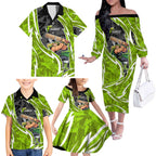 Sydney Thunder Family Matching Off The Shoulder Long Sleeve Dress and Hawaiian Shirt Flaming Lightning Storm Geometric Sports Mascot Art