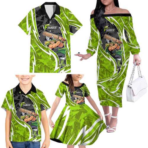 Sydney Thunder Family Matching Off The Shoulder Long Sleeve Dress and Hawaiian Shirt Flaming Lightning Storm Geometric Sports Mascot Art