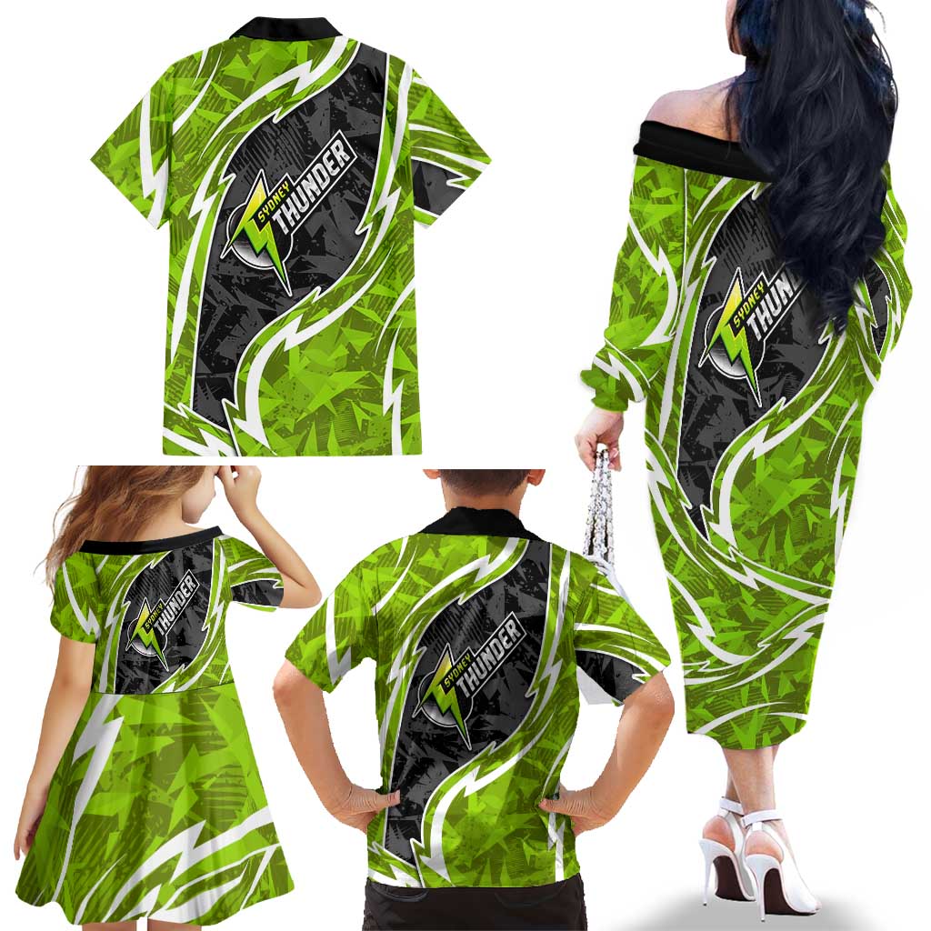 Sydney Thunder Family Matching Off The Shoulder Long Sleeve Dress and Hawaiian Shirt Flaming Lightning Storm Geometric Sports Mascot Art