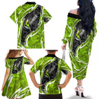 Sydney Thunder Family Matching Off The Shoulder Long Sleeve Dress and Hawaiian Shirt Flaming Lightning Storm Geometric Sports Mascot Art