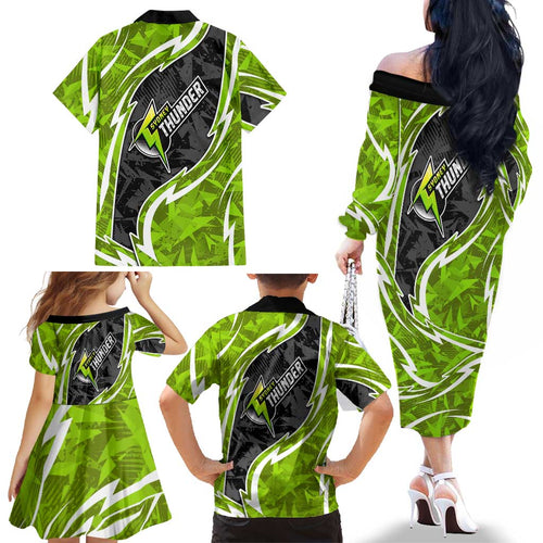 Sydney Thunder Family Matching Off The Shoulder Long Sleeve Dress and Hawaiian Shirt Flaming Lightning Storm Geometric Sports Mascot Art