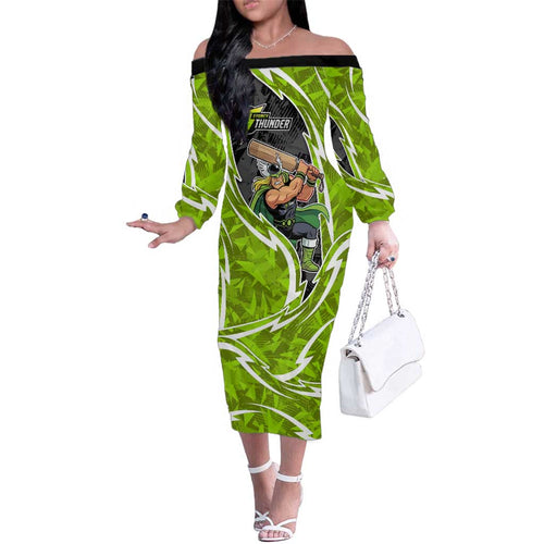 Sydney Thunder Family Matching Off The Shoulder Long Sleeve Dress and Hawaiian Shirt Flaming Lightning Storm Geometric Sports Mascot Art