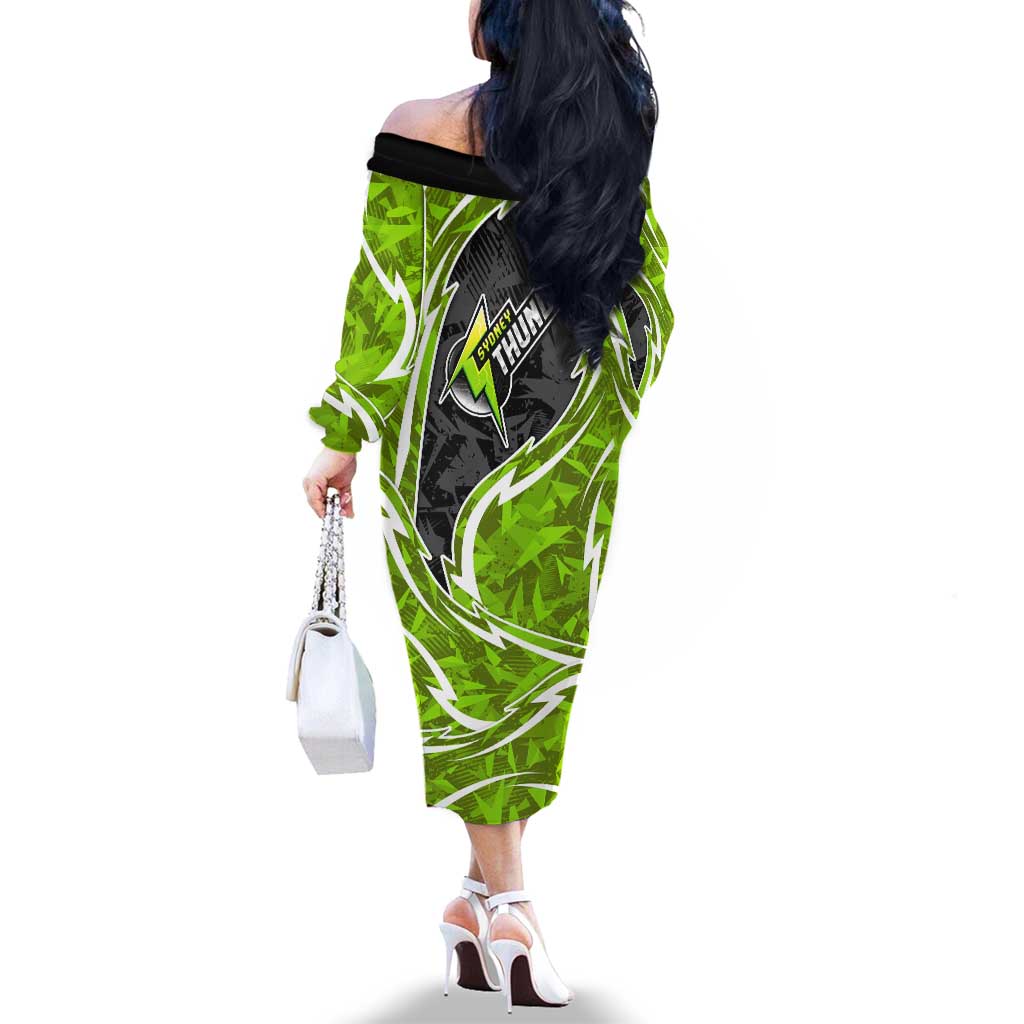 Sydney Thunder Family Matching Off The Shoulder Long Sleeve Dress and Hawaiian Shirt Flaming Lightning Storm Geometric Sports Mascot Art