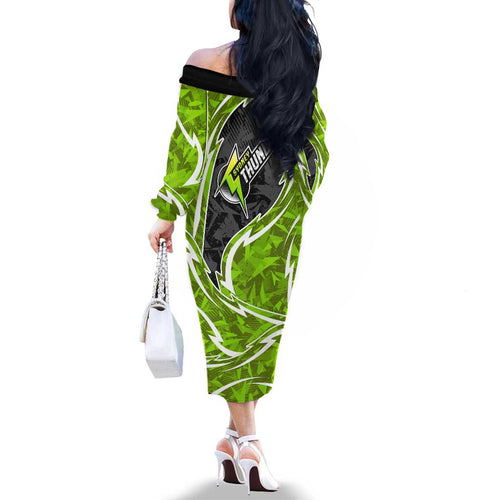Sydney Thunder Family Matching Off The Shoulder Long Sleeve Dress and Hawaiian Shirt Flaming Lightning Storm Geometric Sports Mascot Art