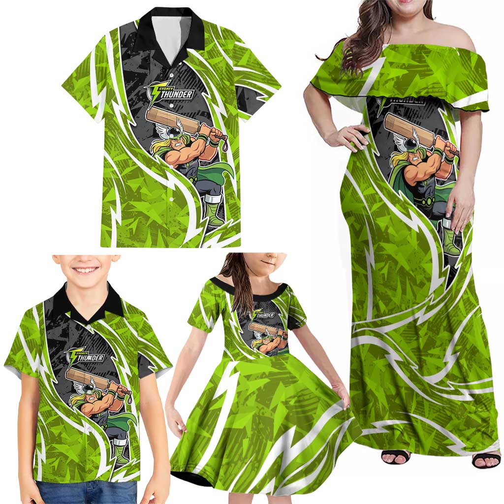 Sydney Thunder Family Matching Off Shoulder Maxi Dress and Hawaiian Shirt Flaming Lightning Storm Geometric Sports Mascot Art