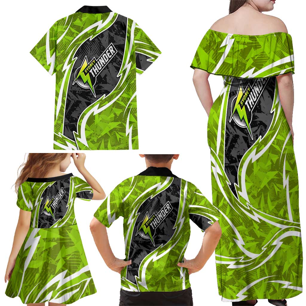 Sydney Thunder Family Matching Off Shoulder Maxi Dress and Hawaiian Shirt Flaming Lightning Storm Geometric Sports Mascot Art