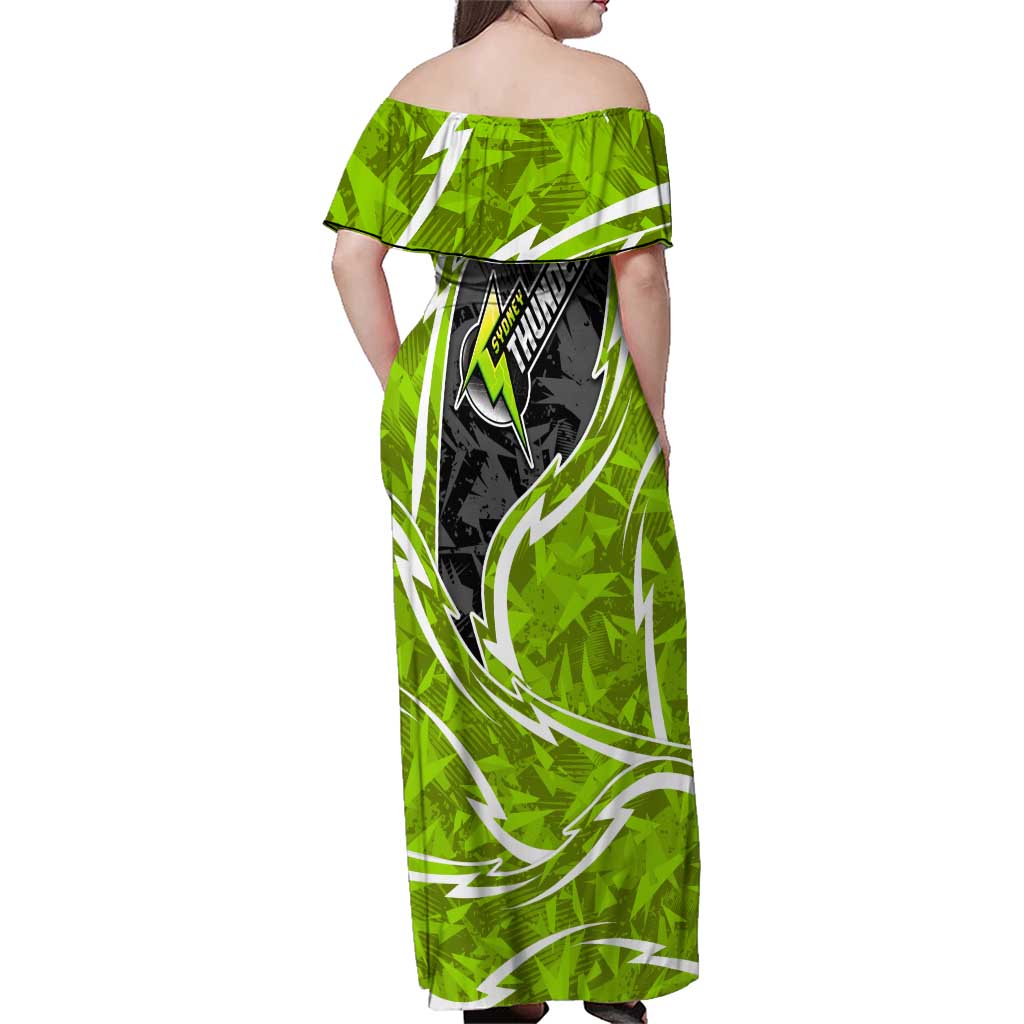 Sydney Thunder Family Matching Off Shoulder Maxi Dress and Hawaiian Shirt Flaming Lightning Storm Geometric Sports Mascot Art