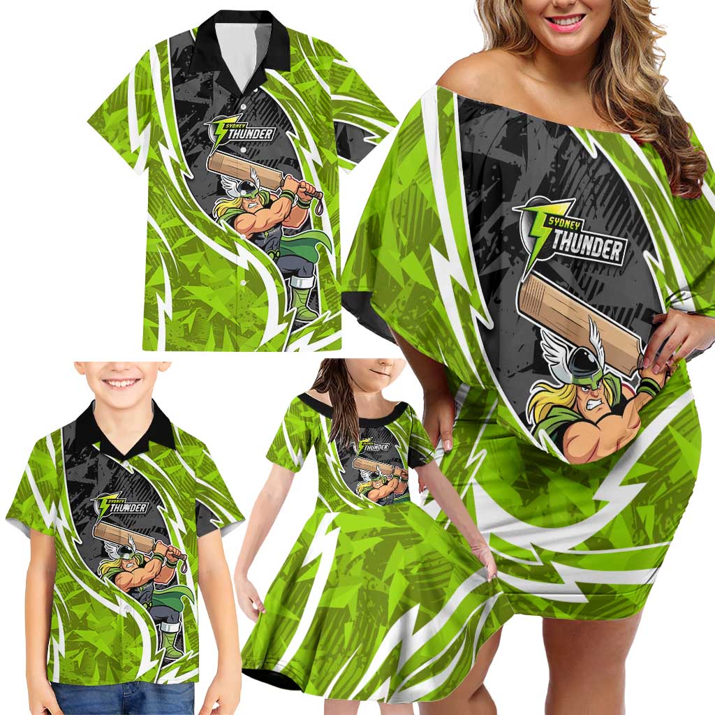 Sydney Thunder Family Matching Off Shoulder Short Dress and Hawaiian Shirt Flaming Lightning Storm Geometric Sports Mascot Art