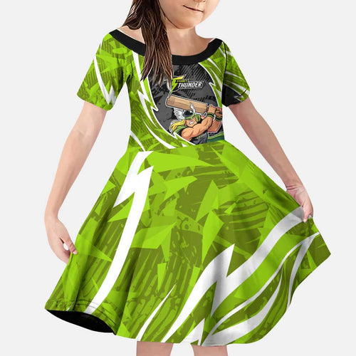 Sydney Thunder Family Matching Off Shoulder Short Dress and Hawaiian Shirt Flaming Lightning Storm Geometric Sports Mascot Art