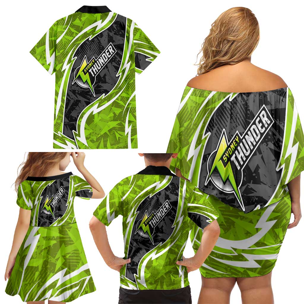Sydney Thunder Family Matching Off Shoulder Short Dress and Hawaiian Shirt Flaming Lightning Storm Geometric Sports Mascot Art