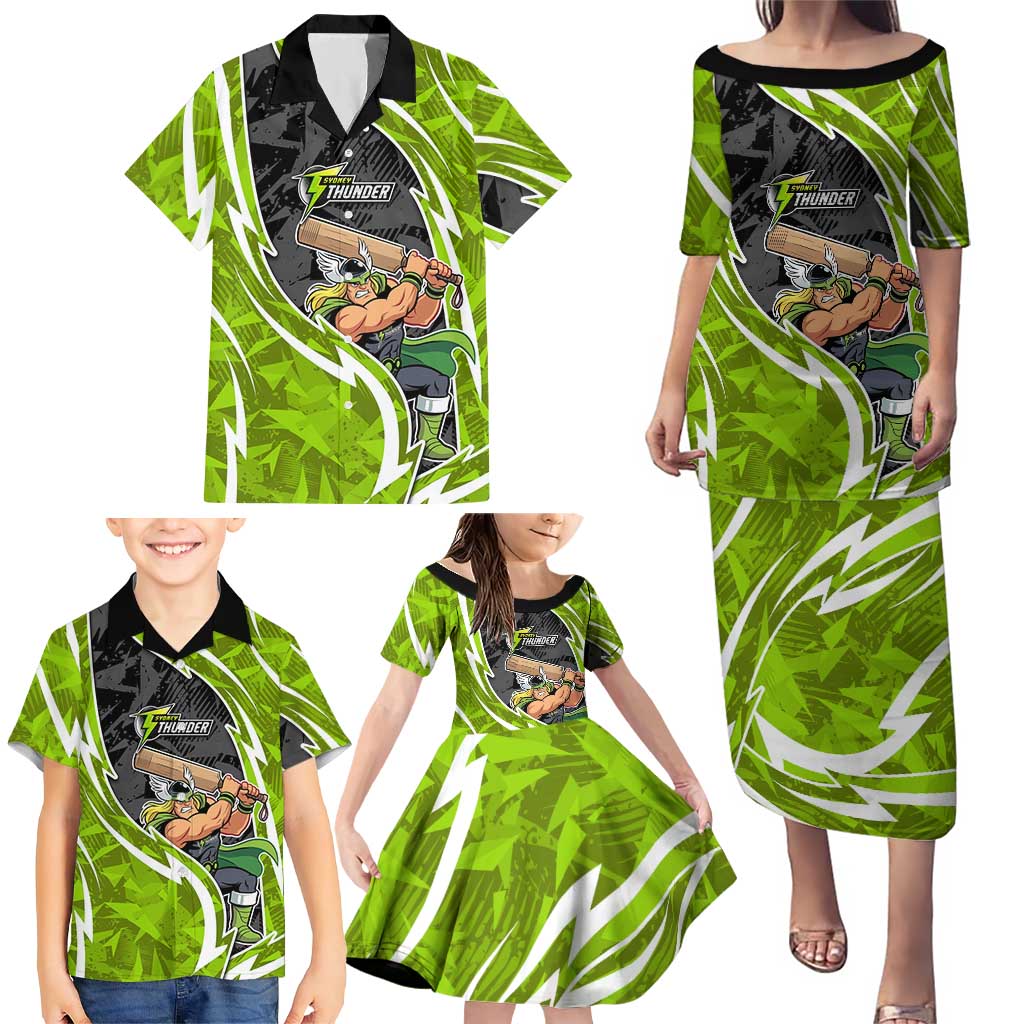Sydney Thunder Family Matching Puletasi and Hawaiian Shirt Flaming Lightning Storm Geometric Sports Mascot Art