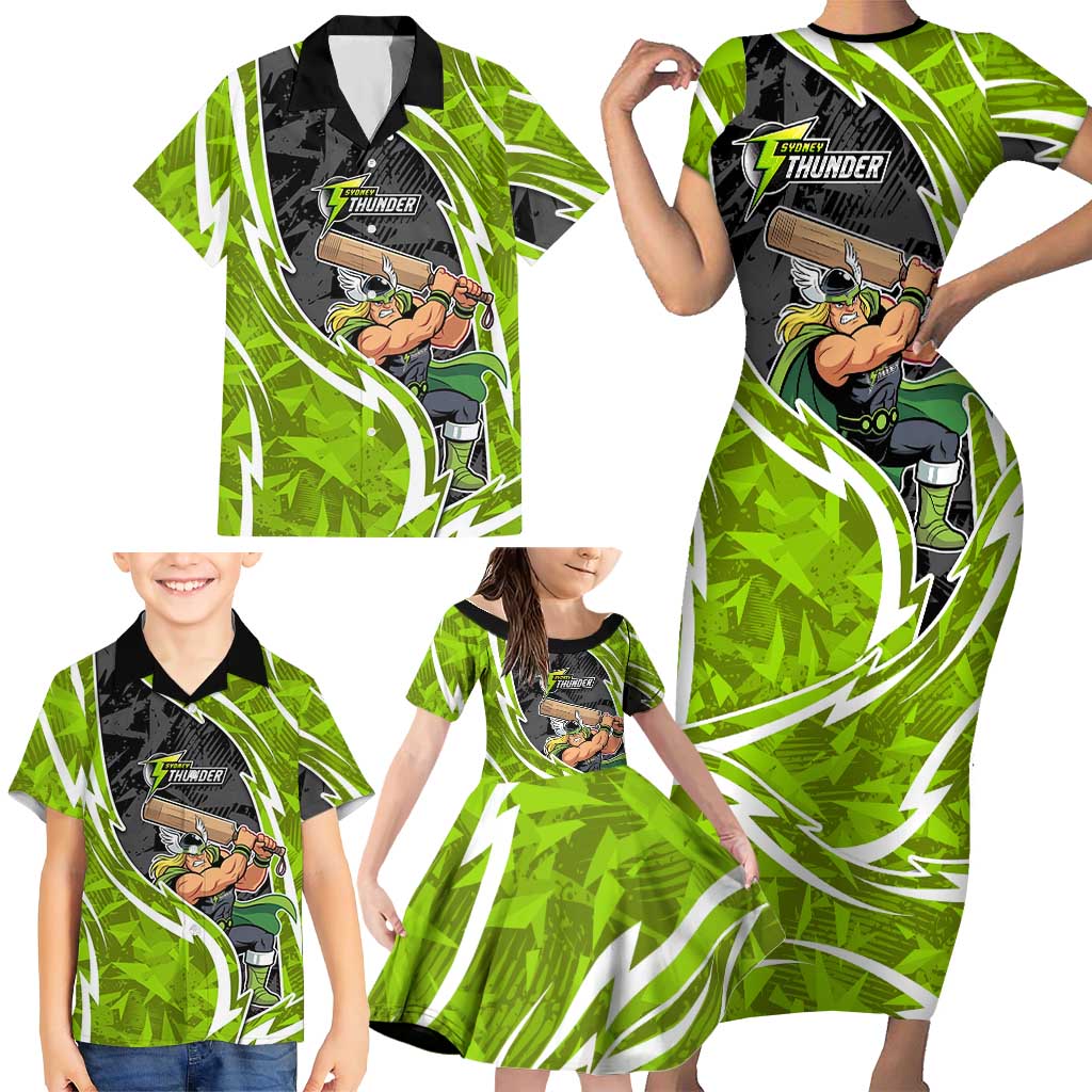 Sydney Thunder Family Matching Short Sleeve Bodycon Dress and Hawaiian Shirt Flaming Lightning Storm Geometric Sports Mascot Art