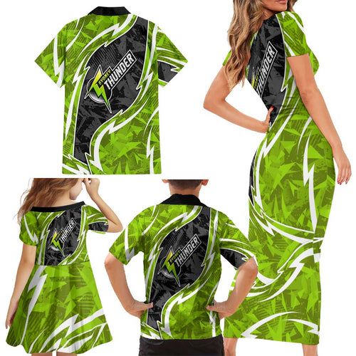 Sydney Thunder Family Matching Short Sleeve Bodycon Dress and Hawaiian Shirt Flaming Lightning Storm Geometric Sports Mascot Art