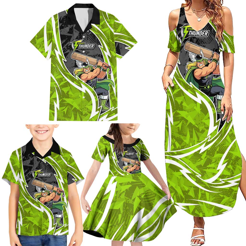 Sydney Thunder Family Matching Summer Maxi Dress and Hawaiian Shirt Flaming Lightning Storm Geometric Sports Mascot Art