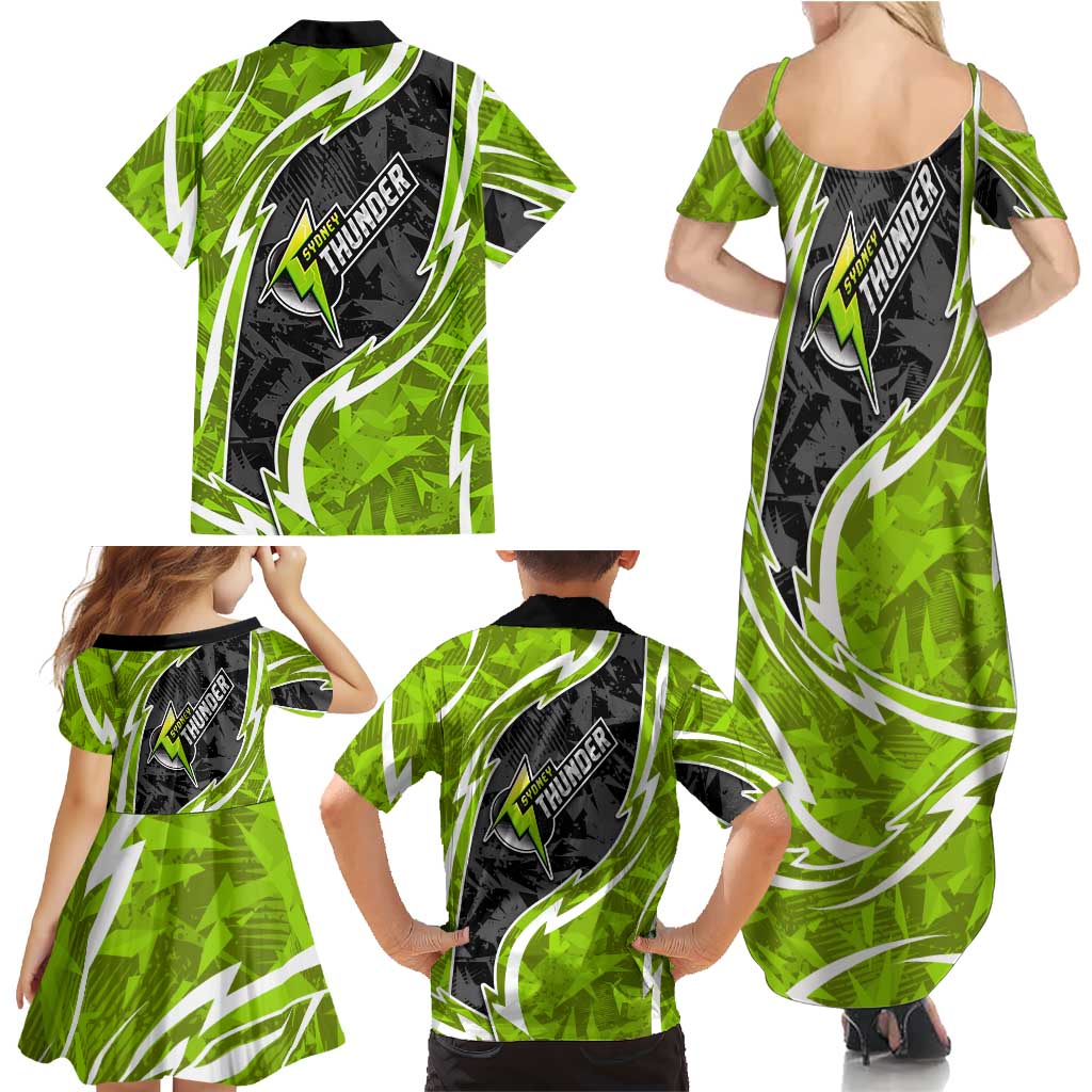 Sydney Thunder Family Matching Summer Maxi Dress and Hawaiian Shirt Flaming Lightning Storm Geometric Sports Mascot Art