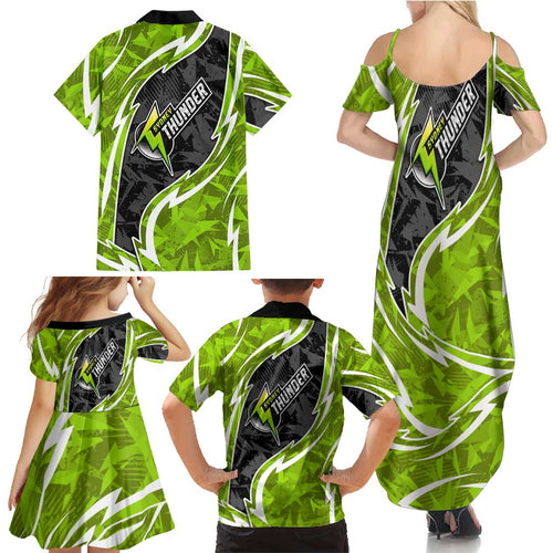 Sydney Thunder Family Matching Summer Maxi Dress and Hawaiian Shirt Flaming Lightning Storm Geometric Sports Mascot Art