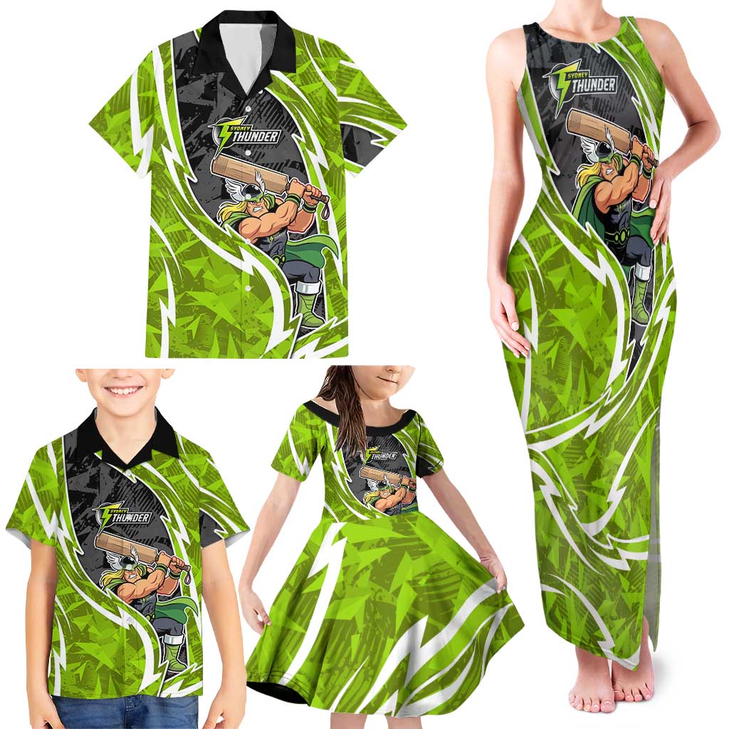 Sydney Thunder Family Matching Tank Maxi Dress and Hawaiian Shirt Flaming Lightning Storm Geometric Sports Mascot Art