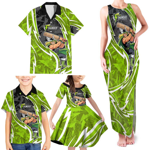 Sydney Thunder Family Matching Tank Maxi Dress and Hawaiian Shirt Flaming Lightning Storm Geometric Sports Mascot Art
