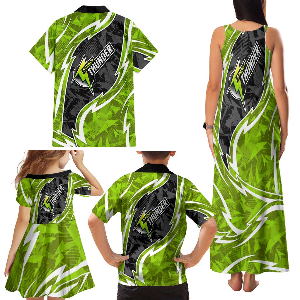 Sydney Thunder Family Matching Tank Maxi Dress and Hawaiian Shirt Flaming Lightning Storm Geometric Sports Mascot Art