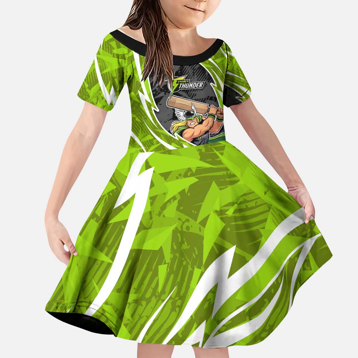 Sydney Thunder Kid Short Sleeve Dress Flaming Lightning Storm Geometric Sports Mascot Art